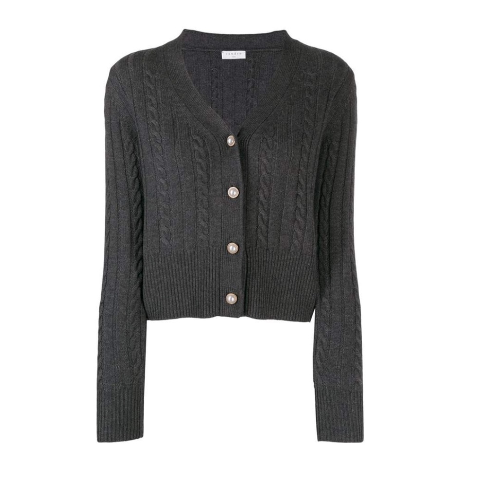 Sandro Wool Blend Gray Cable Cardigan with Pearl and Gold Buttons - Sz S